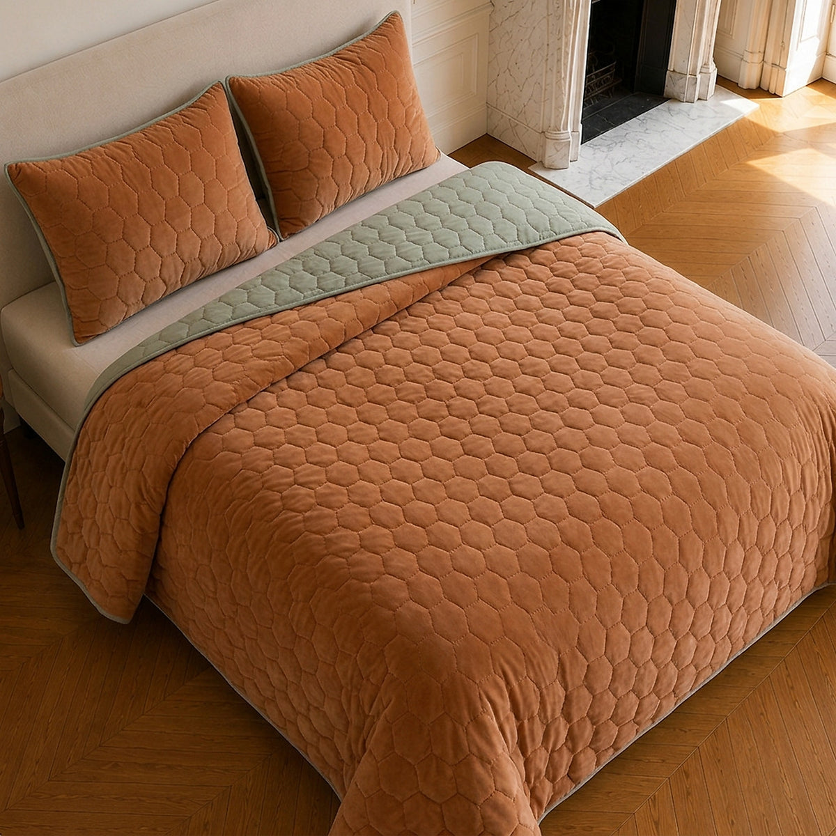 Nazim - Couvre Lit - Dessus de Lit Couvre-lit Matelassé Réversible - Polyester - Terracotta