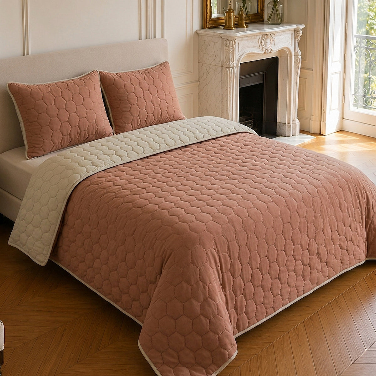 Nazim - Couvre Lit - Dessus de Lit Couvre-lit Matelassé Réversible - Polyester - Nude - Rose