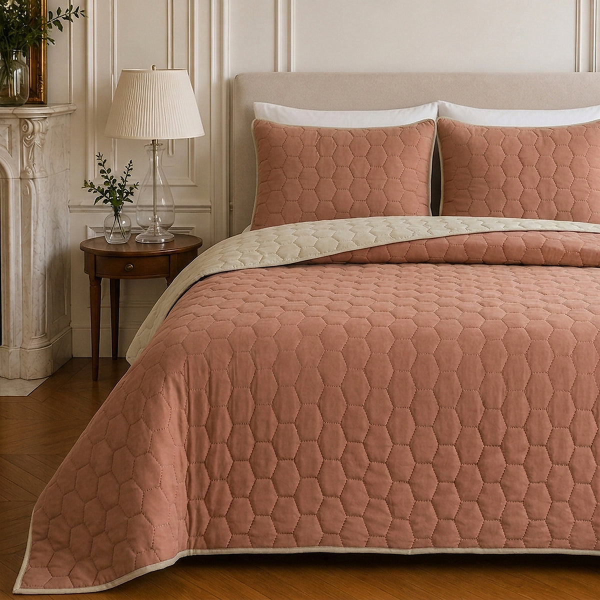 Nazim - Couvre Lit - Dessus de Lit Couvre-lit Matelassé Réversible - Polyester - Nude - Rose