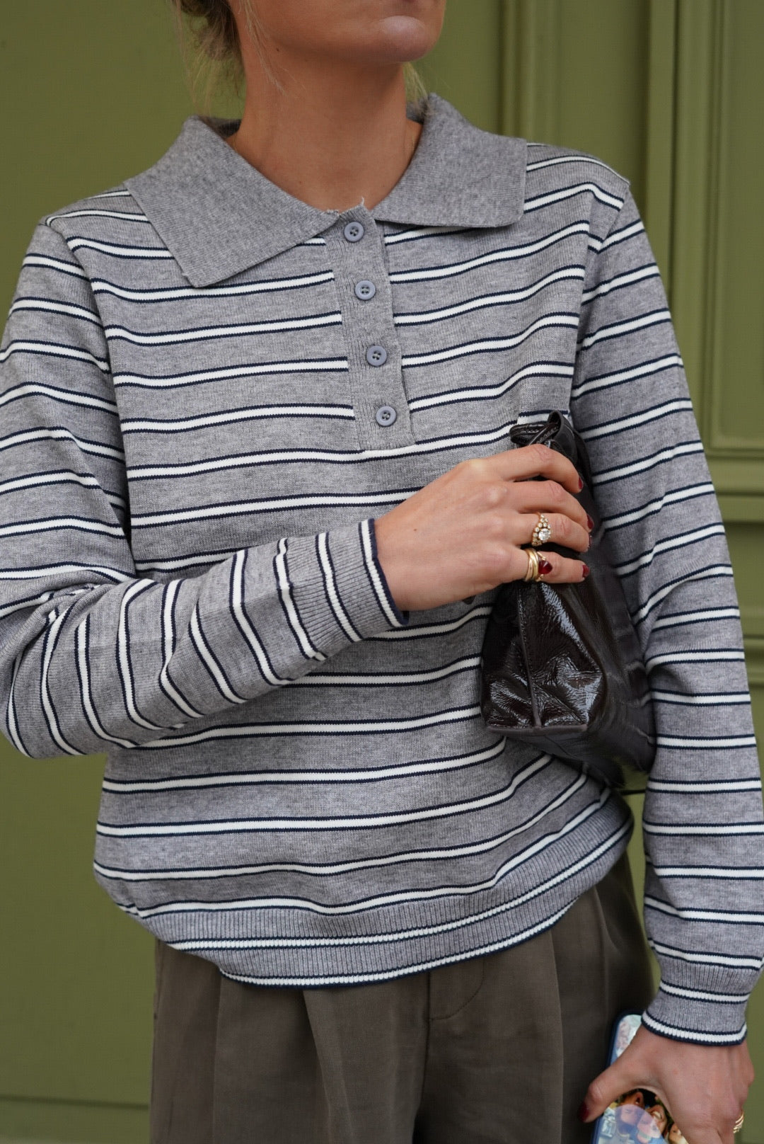 Hippolyte Gray Striped Polo Sweater