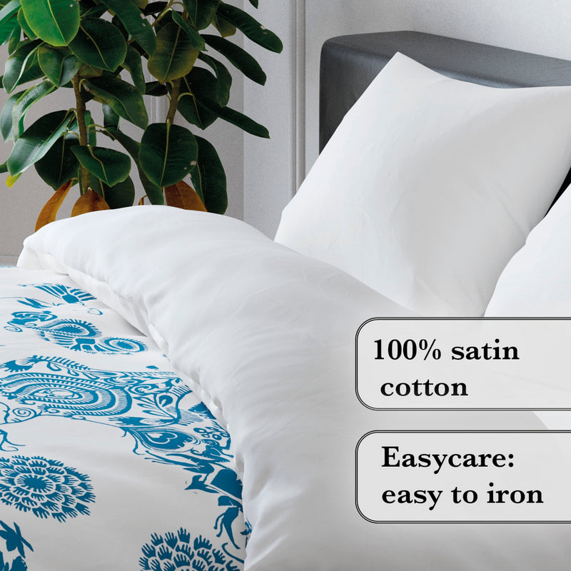 Love Stories - Housse De Couette + Taie(s) D'Oreiller Satin De Coton Love Stories Bleu / Blanc
