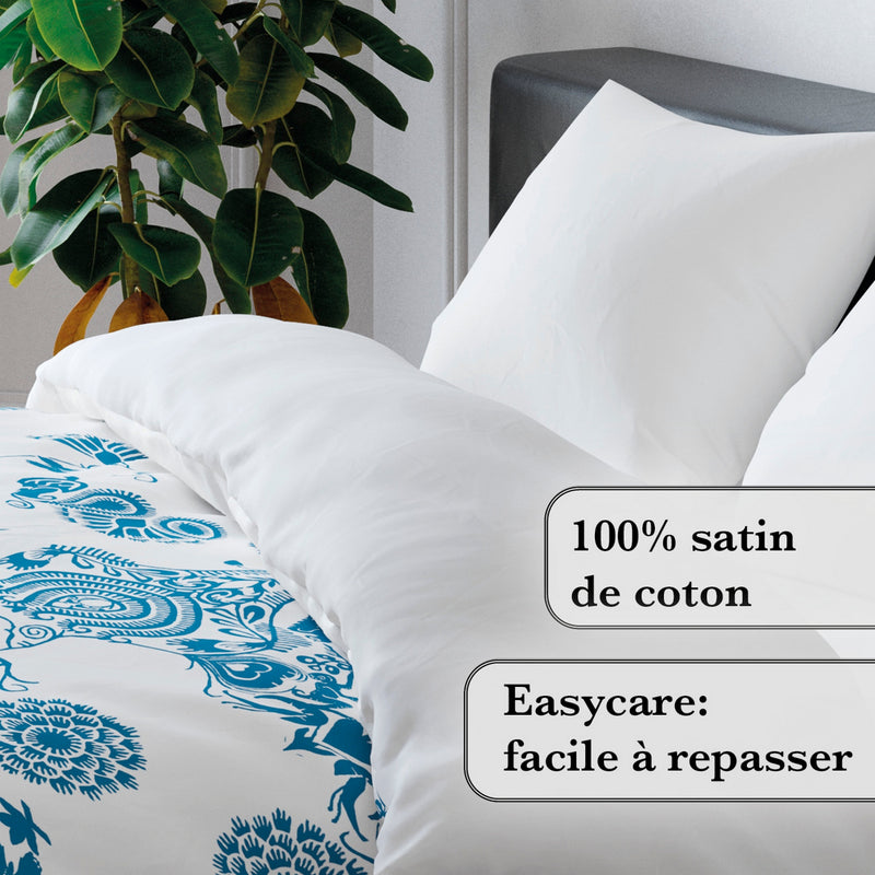 Love Stories - Housse De Couette + Taie(s) D'Oreiller Satin De Coton Love Stories Bleu / Blanc