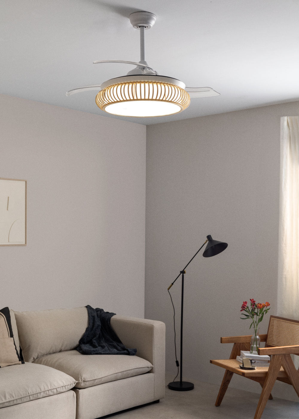 Wind Clear Rattan M - Ventilador De Techo Silencioso Aspas Retráctiles Con Iluminación LED - Ovalado