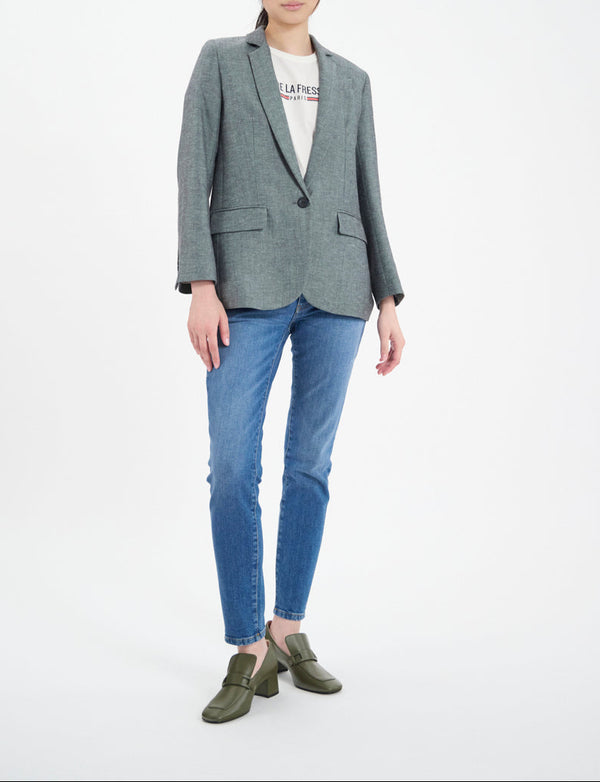 Ines De La Fressange – Bruna Jacket - Multicoloured, model wearing a grey blazer, a white T-shirt and blue jeans