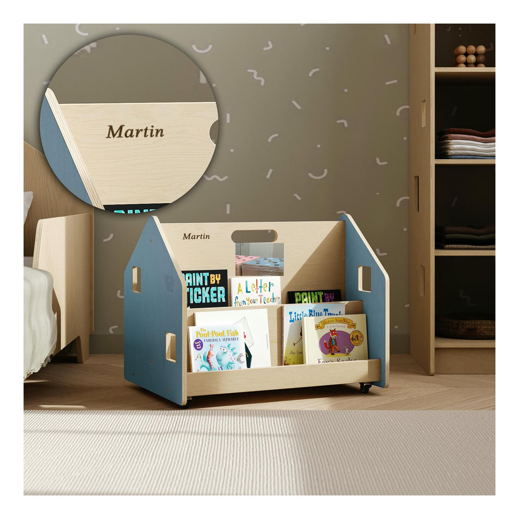 Bibliothèque Enfant Double-Face Sur Roulettes – Bleu Clair