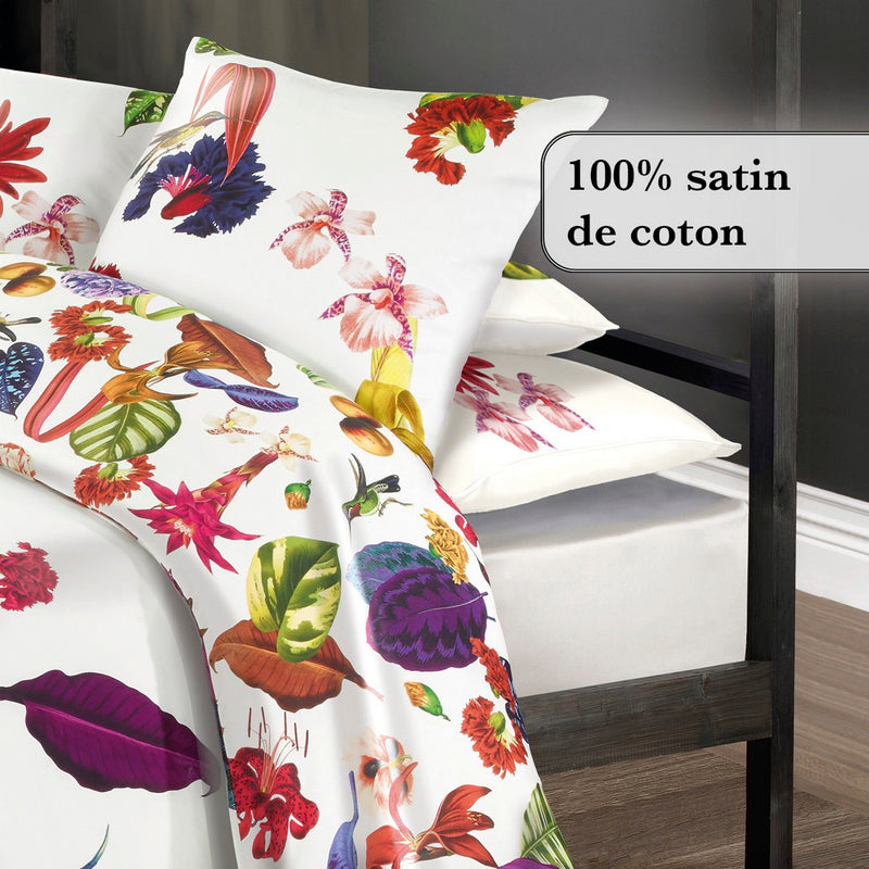 Jardin Tropical - Drap-Housse Satin De Coton Uni Blanc Cassé