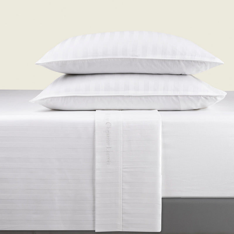 Jacquard - Ensemble De Draps Satin De Coton Rayure Tissé Jacquard Blanc