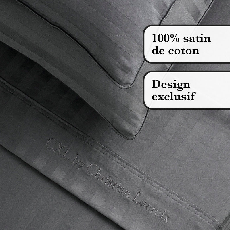 Jacquard - Ensemble De Draps Satin De Coton Rayure Tissé Jacquard Gris Foncé