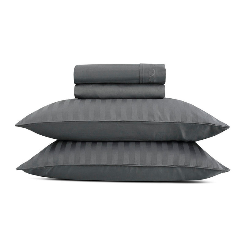 Jacquard - Ensemble De Draps Satin De Coton Rayure Tissé Jacquard Gris Foncé