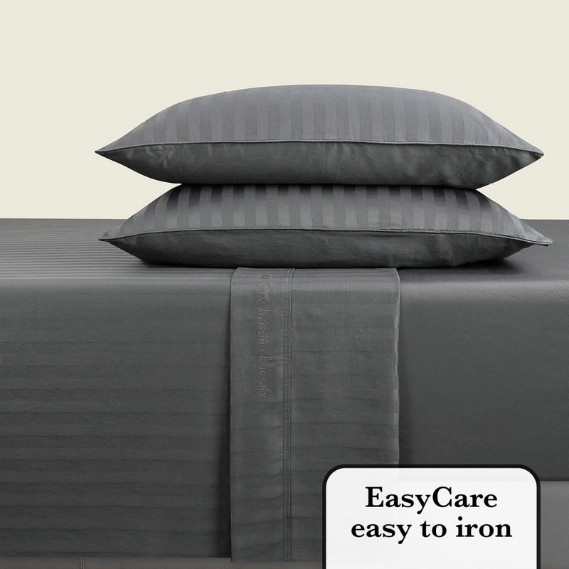 Jacquard - Ensemble De Draps Satin De Coton Rayure Tissé Jacquard Gris Foncé