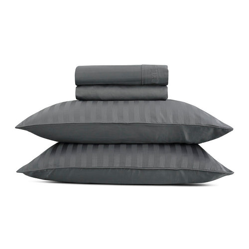 Jacquard - Ensemble De Draps Satin De Coton Rayure Tissé Jacquard Gris Foncé