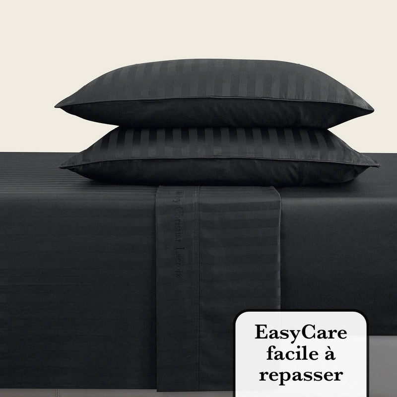 Jacquard - Ensemble De Draps Satin De Coton Rayure Tissé Jacquard Noir