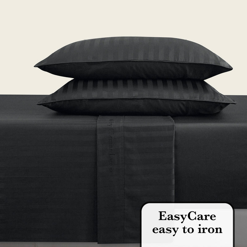 Jacquard - Ensemble De Draps Satin De Coton Rayure Tissé Jacquard Noir