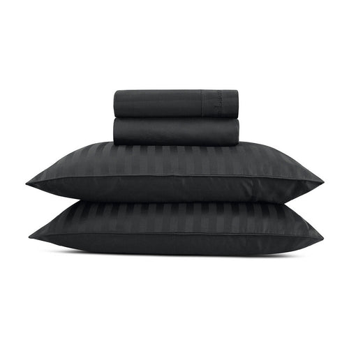 Jacquard - Ensemble De Draps Satin De Coton Rayure Tissé Jacquard Noir