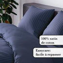 Jacquard - Housse De Couette + Taie(s) D'Oreiller Satin De Coton Rayure Tissé Jacquard Bleu Foncé