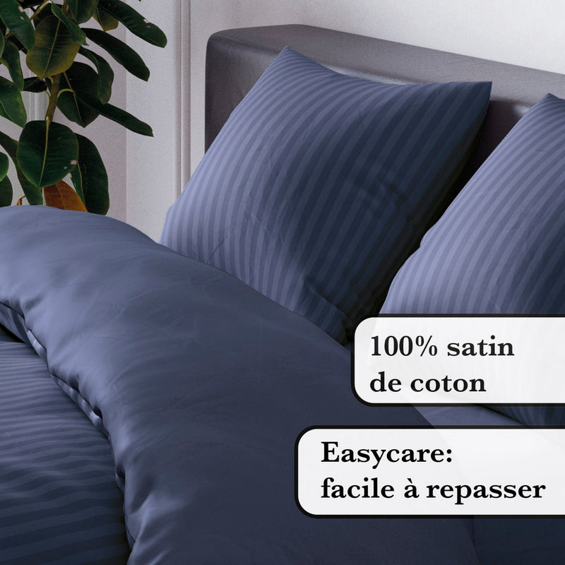 Jacquard - Housse De Couette + Taie(s) D'Oreiller Satin De Coton Rayure Tissé Jacquard Bleu Foncé