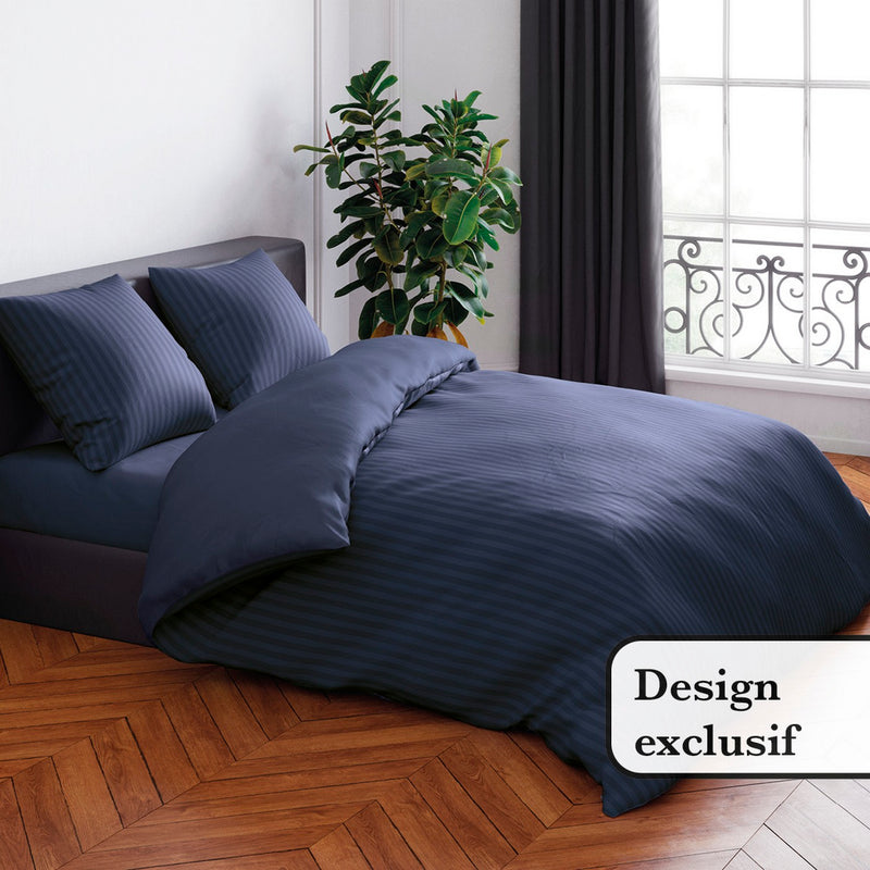 Jacquard - Housse De Couette + Taie(s) D'Oreiller Satin De Coton Rayure Tissé Jacquard Bleu Foncé