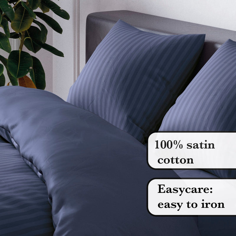 Jacquard - Housse De Couette + Taie(s) D'Oreiller Satin De Coton Rayure Tissé Jacquard Bleu Foncé