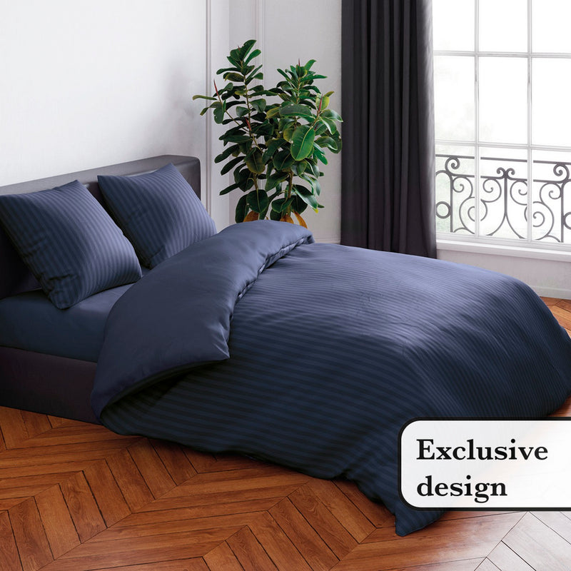 Jacquard - Housse De Couette + Taie(s) D'Oreiller Satin De Coton Rayure Tissé Jacquard Bleu Foncé