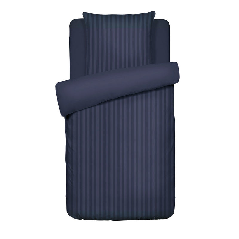 Jacquard - Housse De Couette + Taie(s) D'Oreiller Satin De Coton Rayure Tissé Jacquard Bleu Foncé