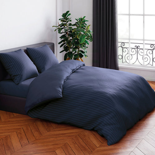 Jacquard - Housse De Couette + Taie(s) D'Oreiller Satin De Coton Rayure Tissé Jacquard Bleu Foncé