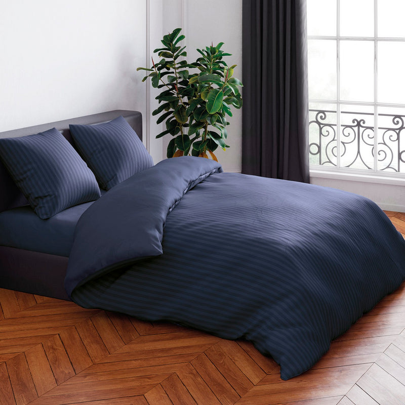 Jacquard - Housse De Couette + Taie(s) D'Oreiller Satin De Coton Rayure Tissé Jacquard Bleu Foncé
