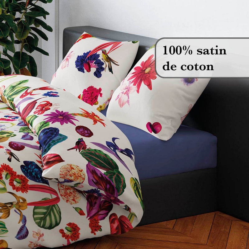 Jardin Tropical - Drap-Housse Satin De Coton Uni Bleu