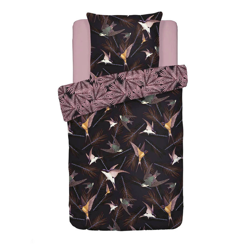 Hirondelles - Housse De Couette + Taie(s) D'Oreiller Satin De Coton Hirondelles Prune