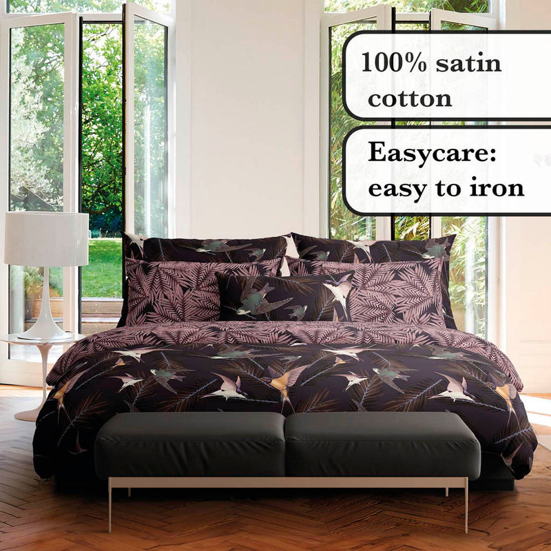 Hirondelles - Taie De Traversin Satin De Coton Hirondelles Prune