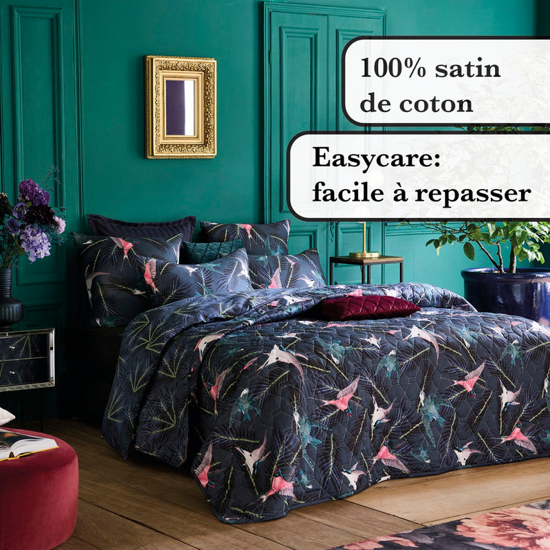 Hirondelles - Housse De Couette + Taie(s) D'Oreiller Satin De Coton Hirondelles Bleu