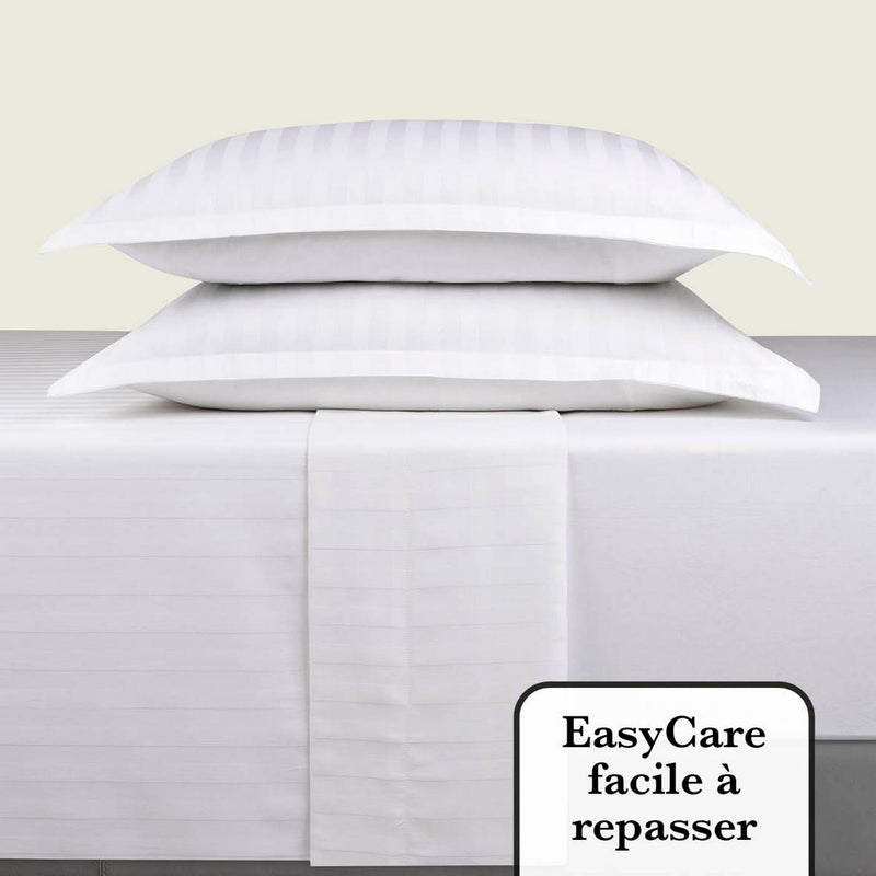 Jacquard - Ensemble De Draps Satin De Coton Rayure Tissé Dobby Blanc