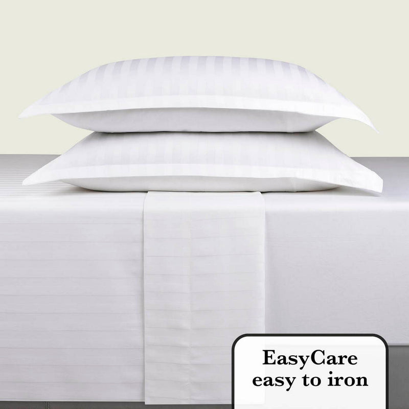 Jacquard - Ensemble De Draps Satin De Coton Rayure Tissé Dobby Blanc