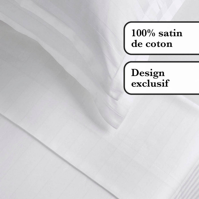 Jacquard - Ensemble De Draps Satin De Coton Rayure Tissé Dobby Blanc