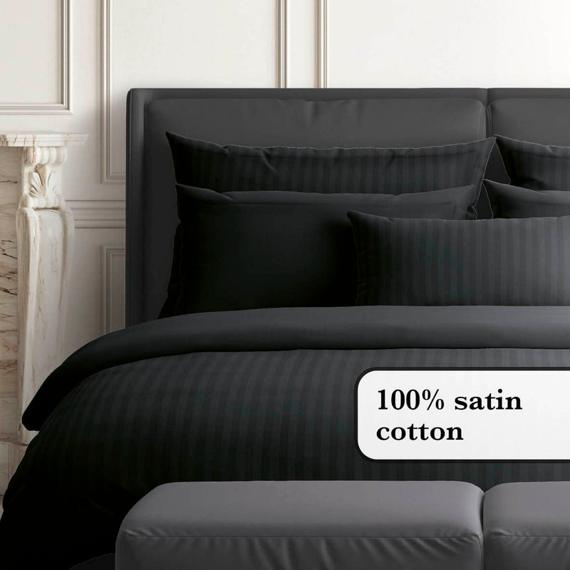 Jacquard - Set De 2 Taies D'Oreiller Satin De Coton Rayure Tissé Dobby Noir
