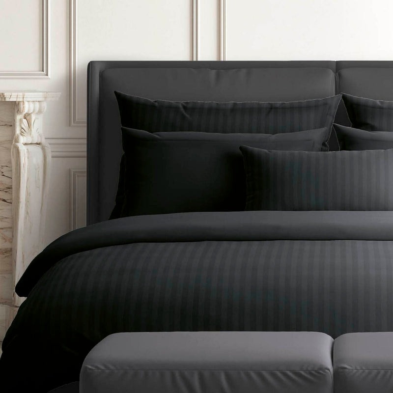 Jacquard - Set De 2 Taies D'Oreiller Satin De Coton Rayure Tissé Dobby Noir