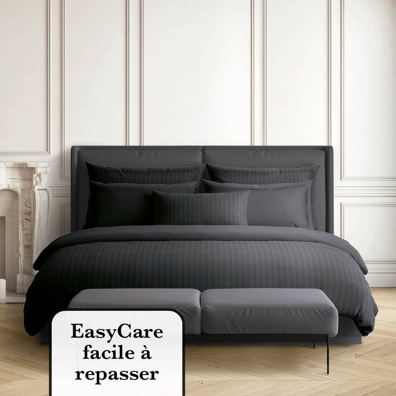 Jacquard - Set De 2 Taies D'Oreiller Satin De Coton Rayure Tissé Dobby Noir