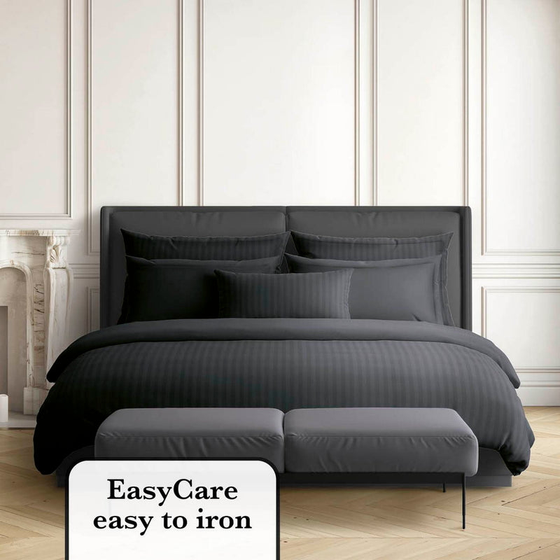 Jacquard - Set De 2 Taies D'Oreiller Satin De Coton Rayure Tissé Dobby Noir
