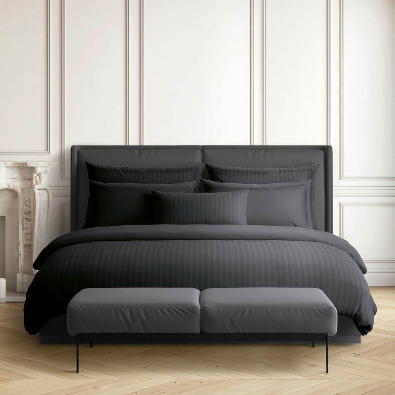Jacquard - Set De 2 Taies D'Oreiller Satin De Coton Rayure Tissé Dobby Noir