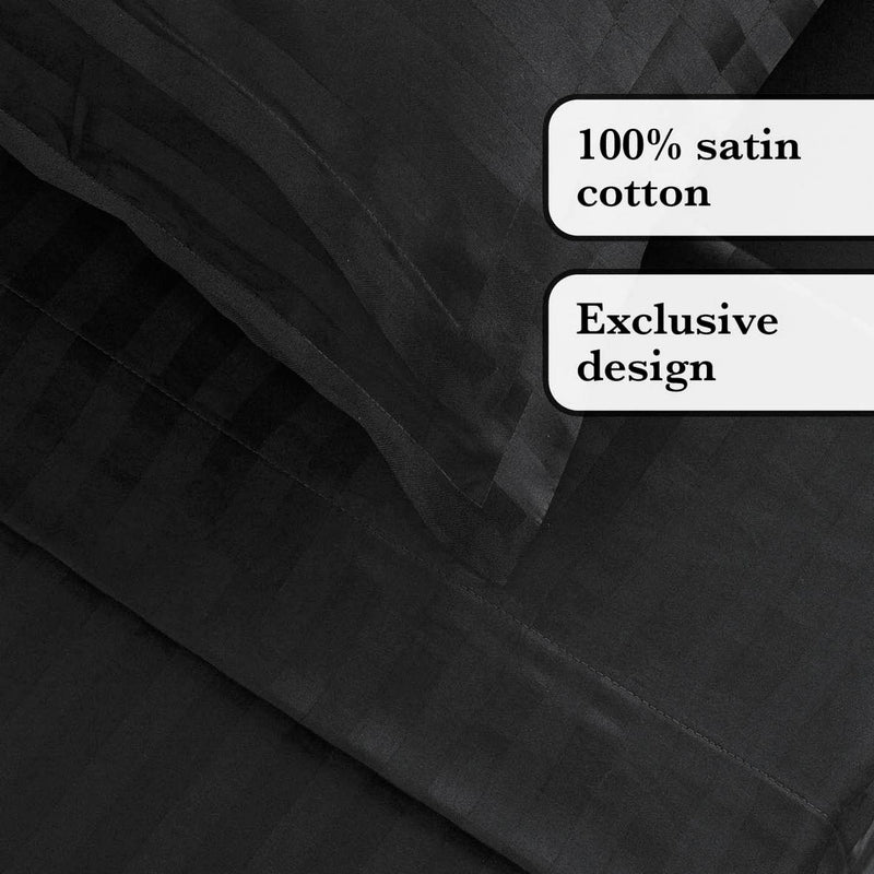 Jacquard - Ensemble De Draps Satin De Coton Rayure Tissé Dobby Noir
