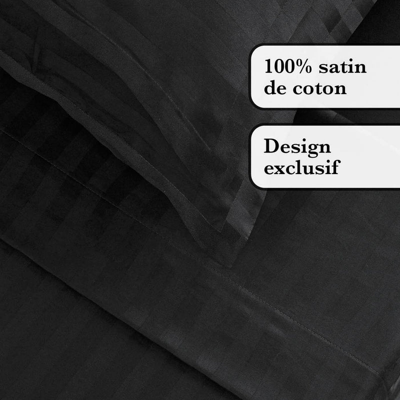 Jacquard - Ensemble De Draps Satin De Coton Rayure Tissé Dobby Noir
