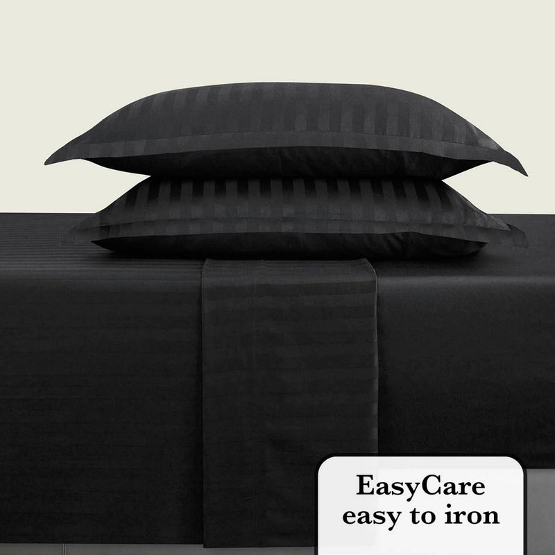 Jacquard - Ensemble De Draps Satin De Coton Rayure Tissé Dobby Noir