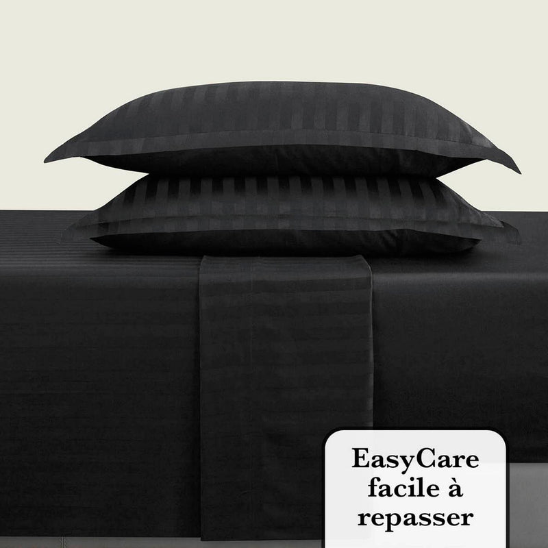Jacquard - Ensemble De Draps Satin De Coton Rayure Tissé Dobby Noir