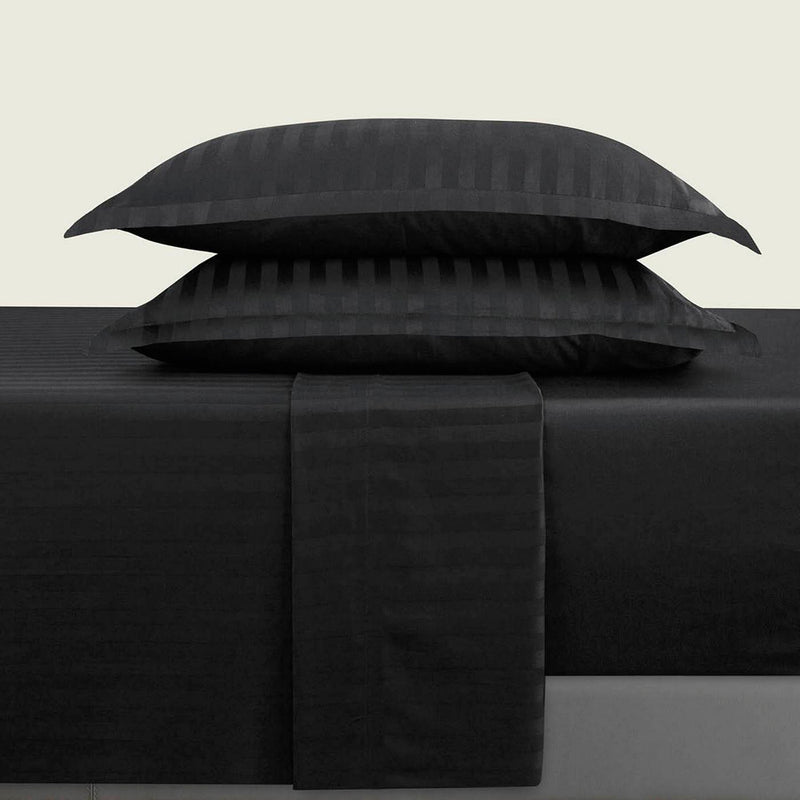 Jacquard - Ensemble De Draps Satin De Coton Rayure Tissé Dobby Noir