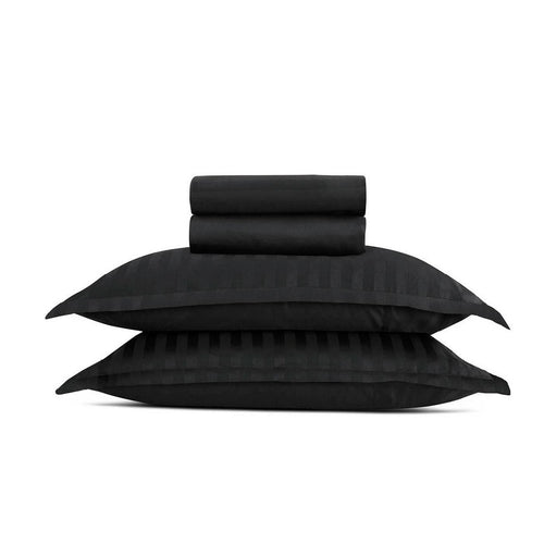 Jacquard - Ensemble De Draps Satin De Coton Rayure Tissé Dobby Noir