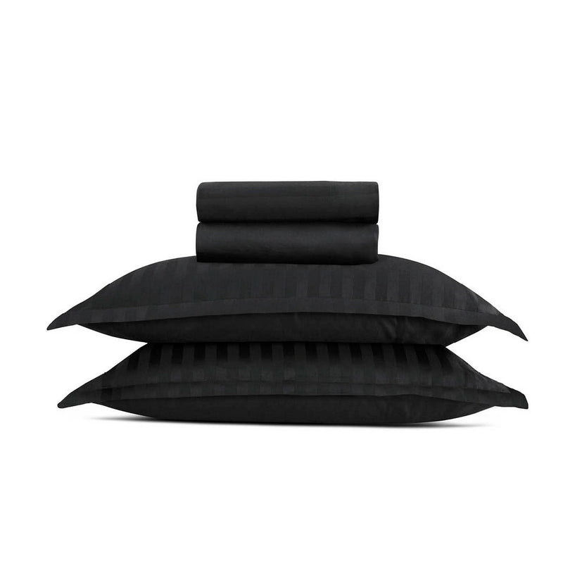 Jacquard - Ensemble De Draps Satin De Coton Rayure Tissé Dobby Noir