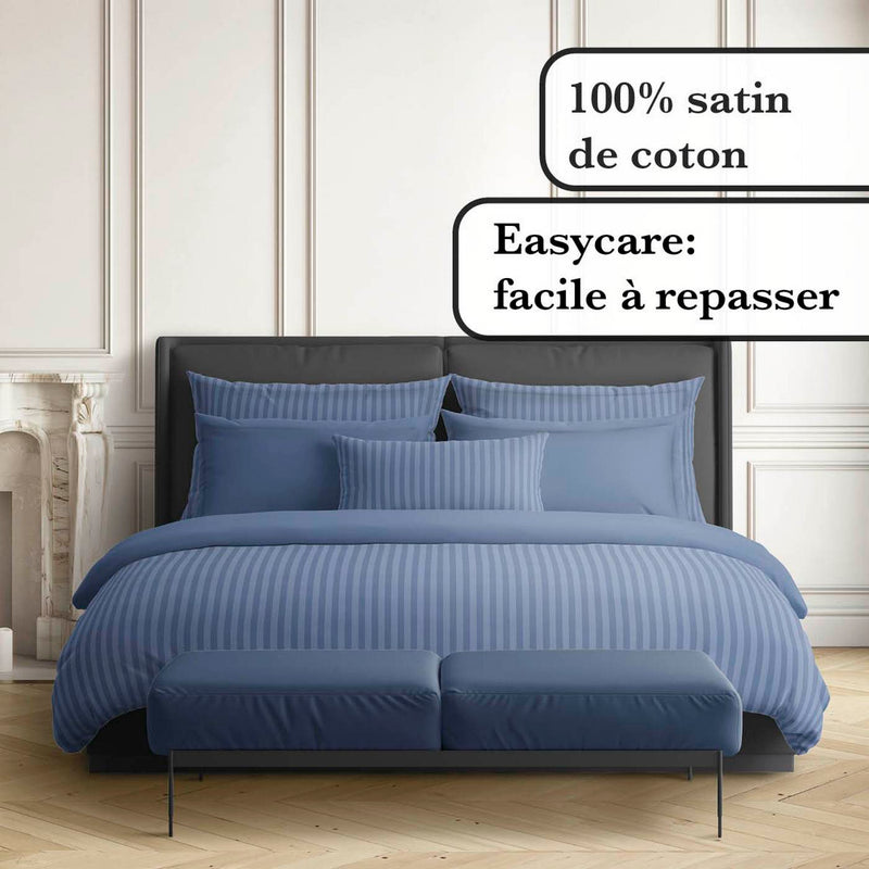 Jacquard - Drap Plat Satin De Coton Rayure Tissé Dobby Blue