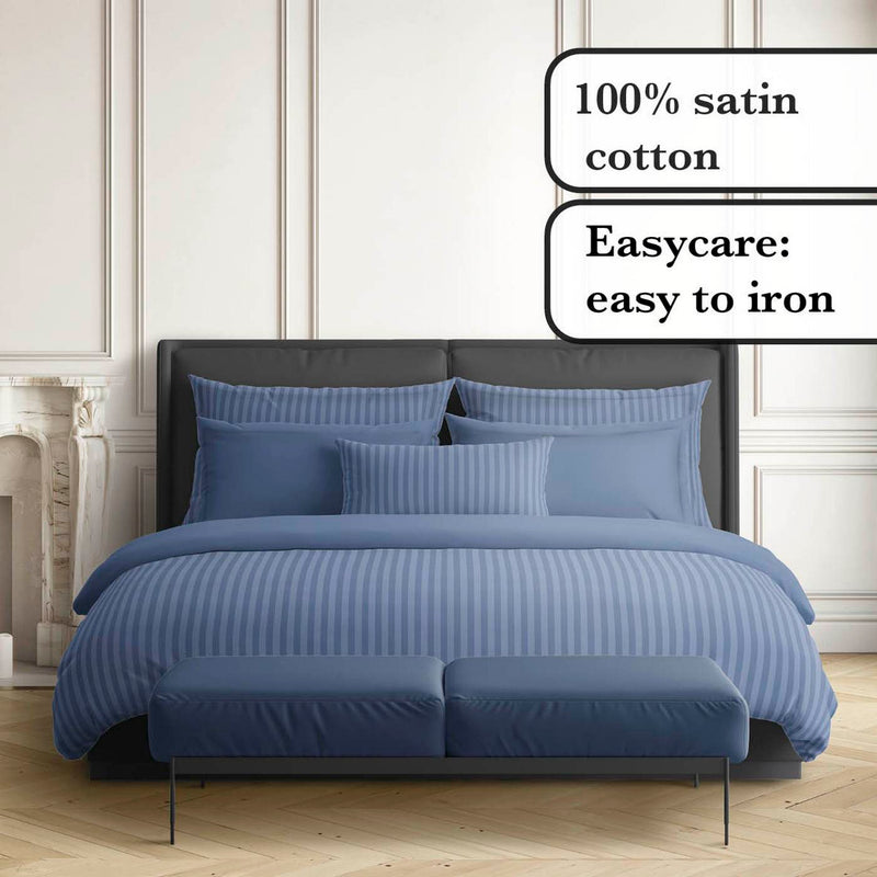 Jacquard - Drap Plat Satin De Coton Rayure Tissé Dobby Blue