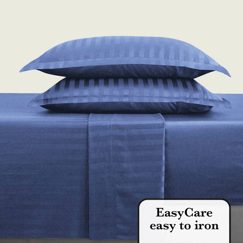 Jacquard - Ensemble De Draps Satin De Coton Rayure Tissé Dobby Blue