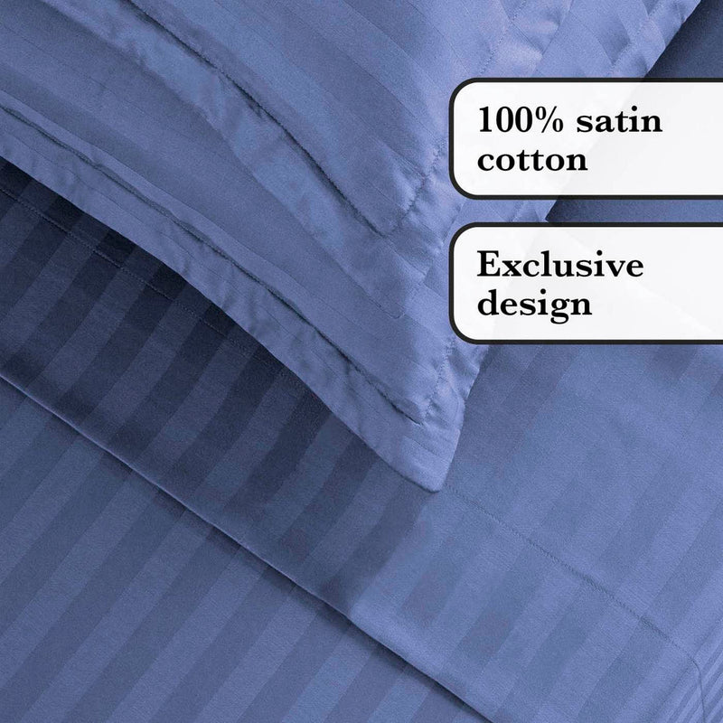 Jacquard - Ensemble De Draps Satin De Coton Rayure Tissé Dobby Blue