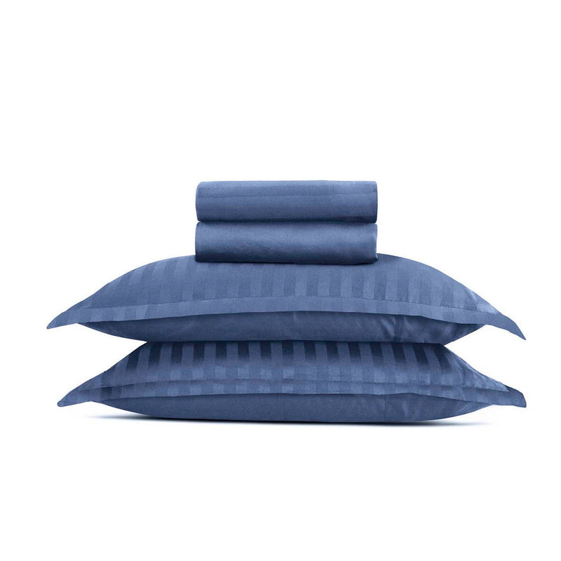 Jacquard - Ensemble De Draps Satin De Coton Rayure Tissé Dobby Blue